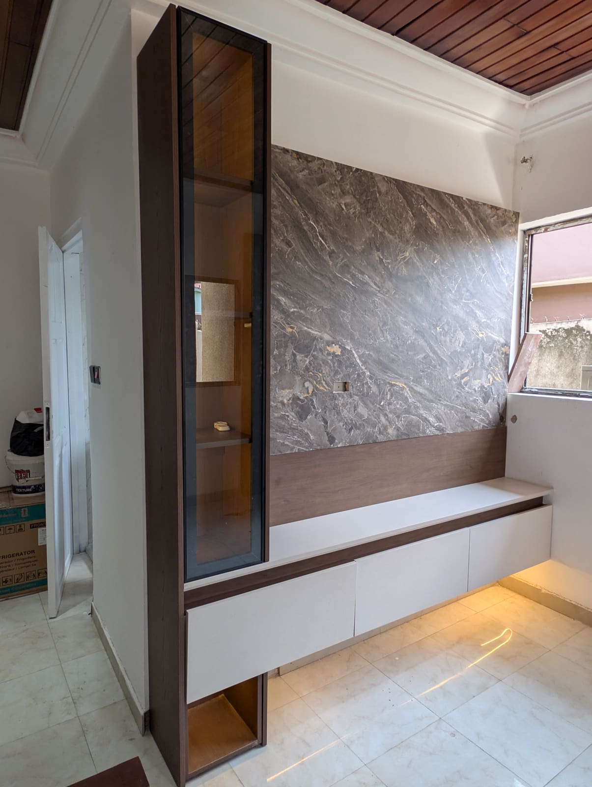 Media bench and marble wall — second angle